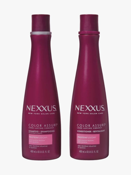 Nexxus Color Assure Shampoo and Conditioner in branded components on a light gray background