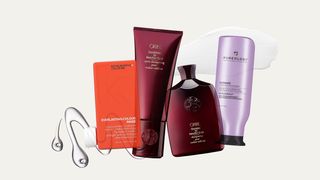 A collage of different shampoo and conditioner bottles on a beige background