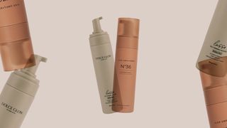 A collage of Dolce Glow and Lux Unfiltered tanning mousses on a light gray background